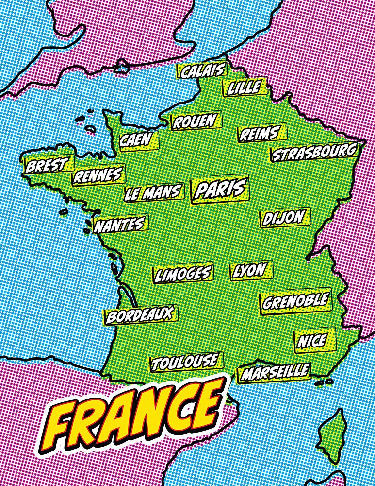 Vibrant France Cities Map art print by Nicholas for $57.95 CAD