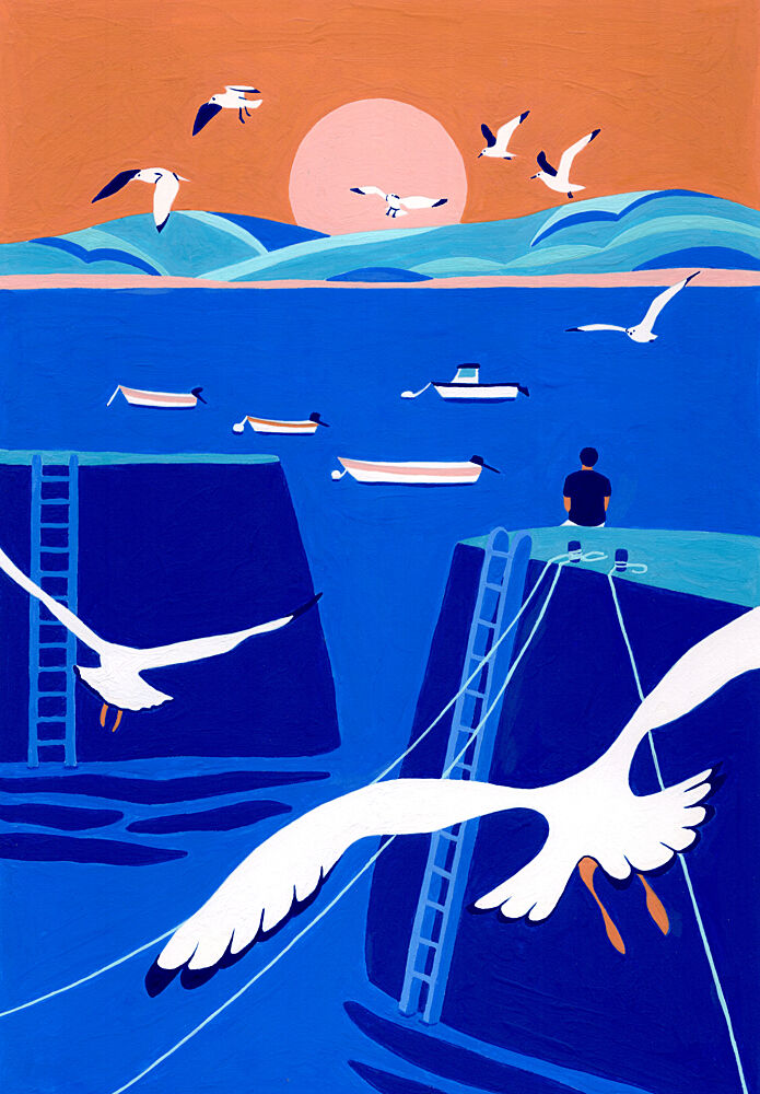 Harbor Sunset Seagulls art print by Julie Lesouef for $57.95 CAD
