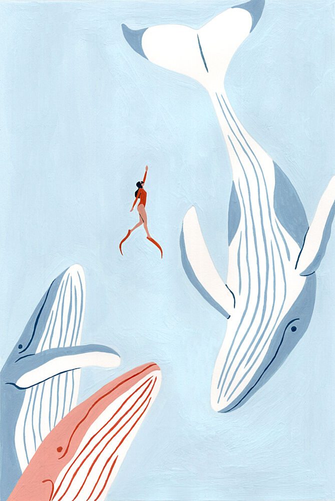 Woman and Whales Swim art print by Julie Lesouef for $57.95 CAD