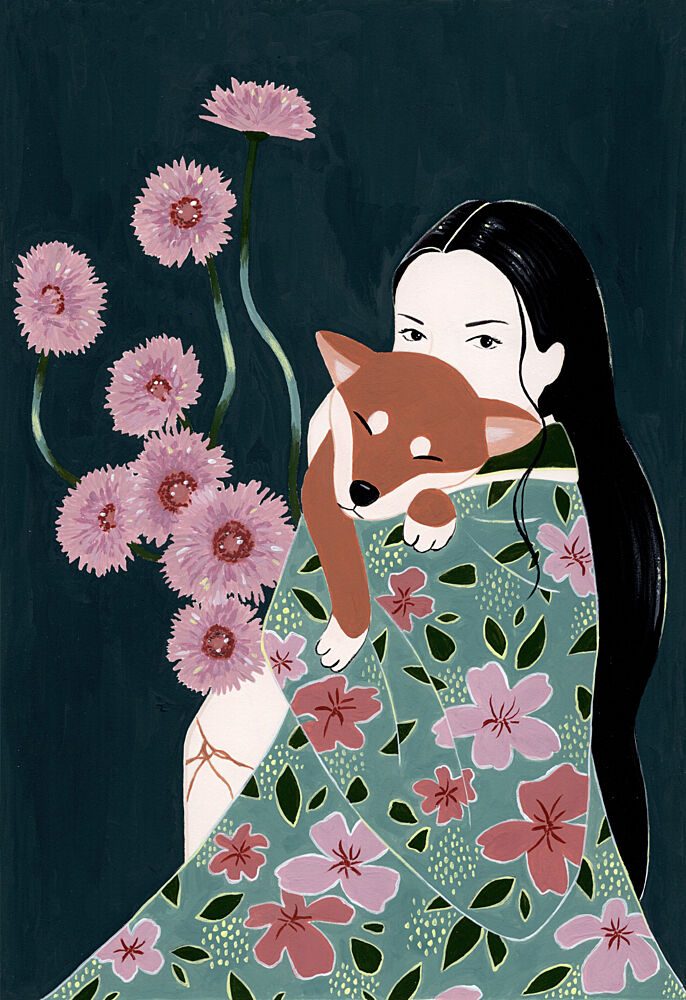 Woman Holding Shiba Inu art print by Julie Lesouef for $57.95 CAD