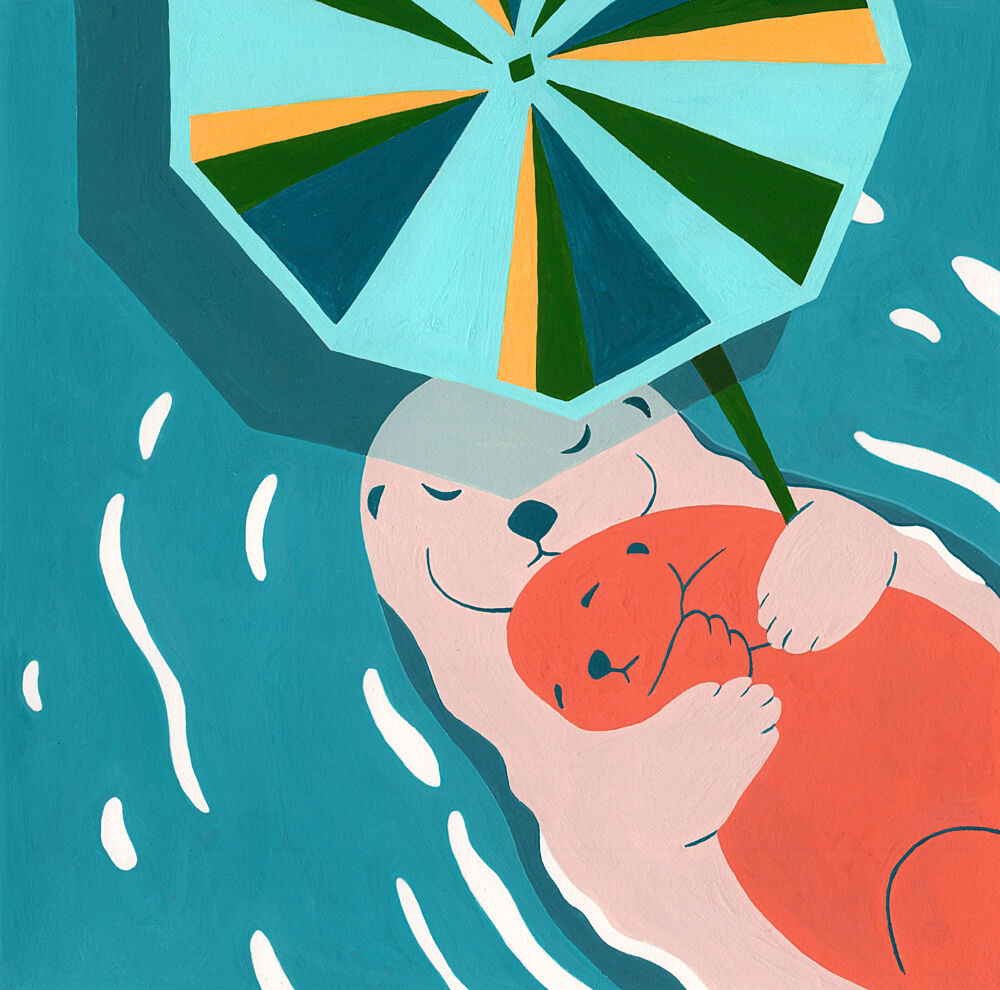 Cuddling Otters under Umbrella art print by Julie Lesouef for $57.95 CAD
