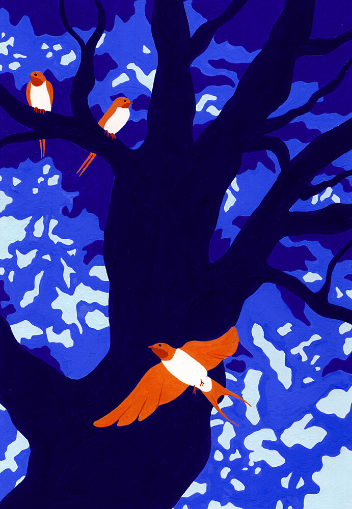 Orange Birds Blue Tree art print by Julie Lesouef for $57.95 CAD