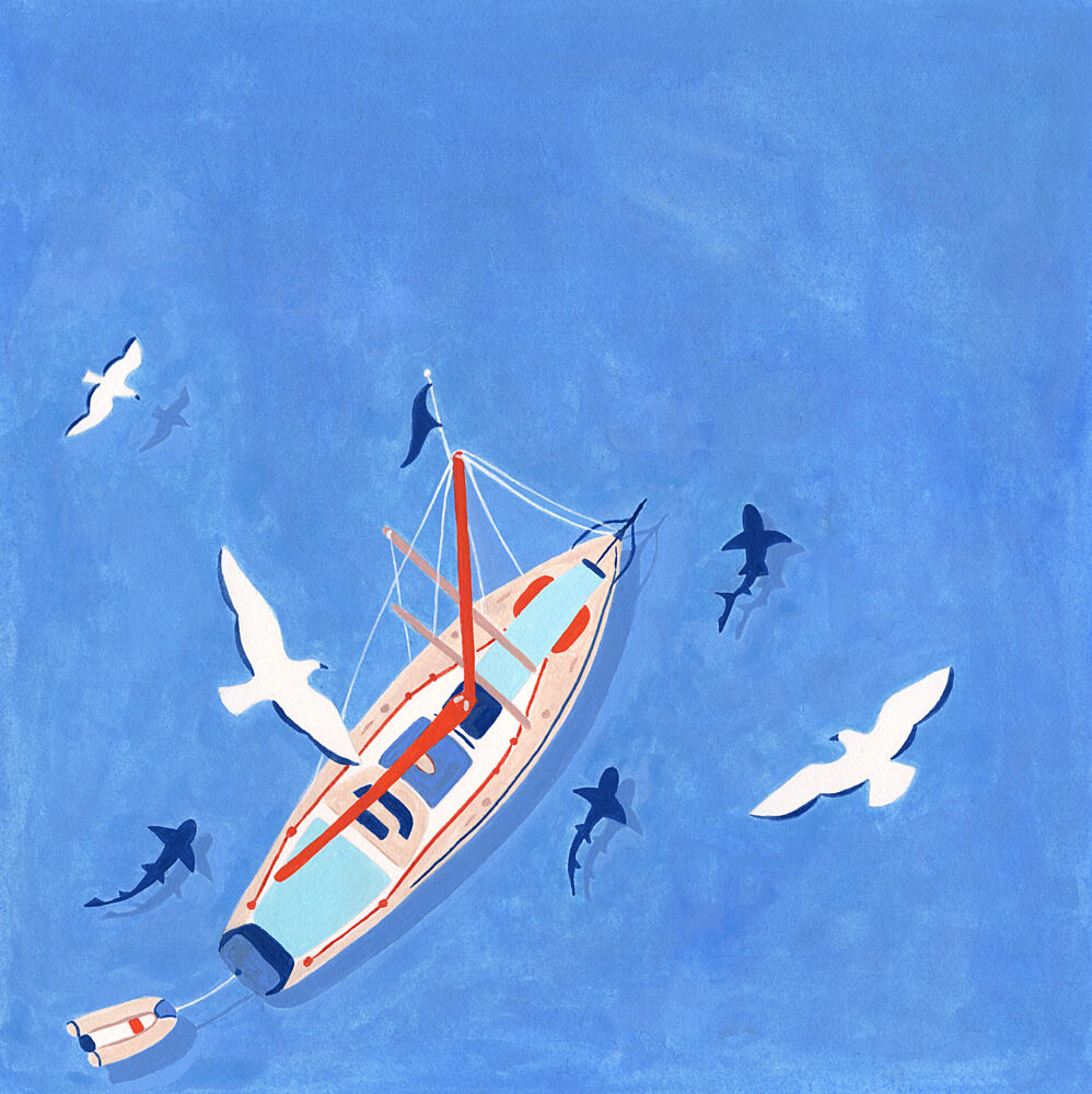 Sailboat Ocean Sharks art print by Julie Lesouef for $57.95 CAD