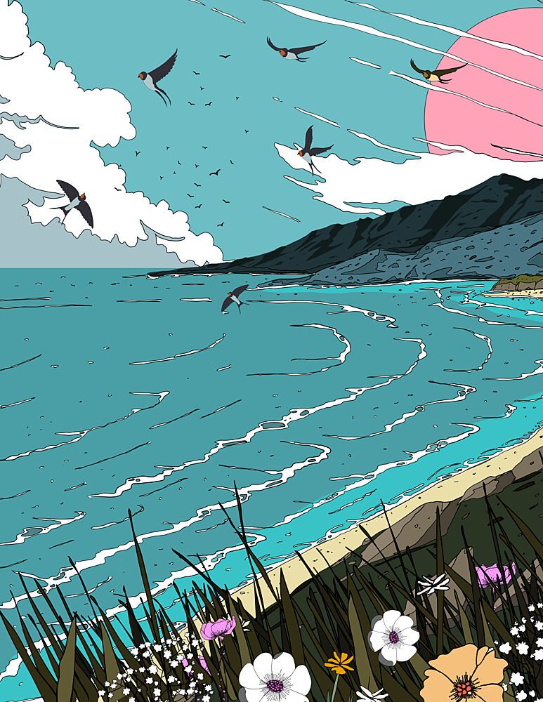 Swallows over Turquoise Sea art print by Nicholas for $57.95 CAD