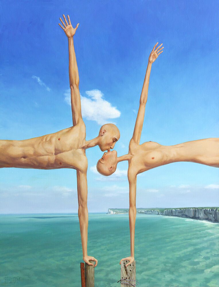 Surreal Kissing Couple art print by Myriam Feuilloley for $57.95 CAD