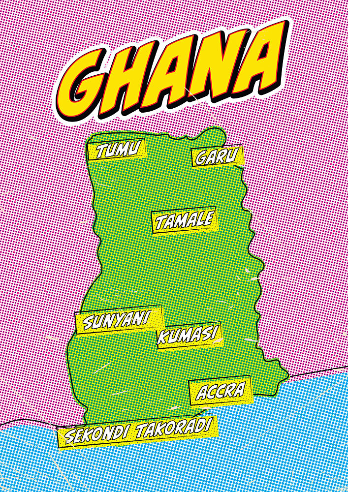 Comic Style Ghana Map art print by Nicholas for $57.95 CAD