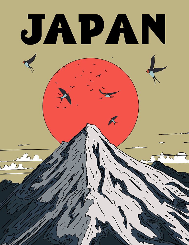 Mount Fuji Red Sun Swallows art print by Nicholas for $57.95 CAD