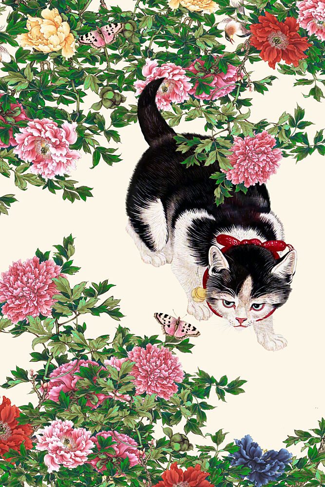 Curious Cat Peonies art print by Marja van den Hurk for $57.95 CAD
