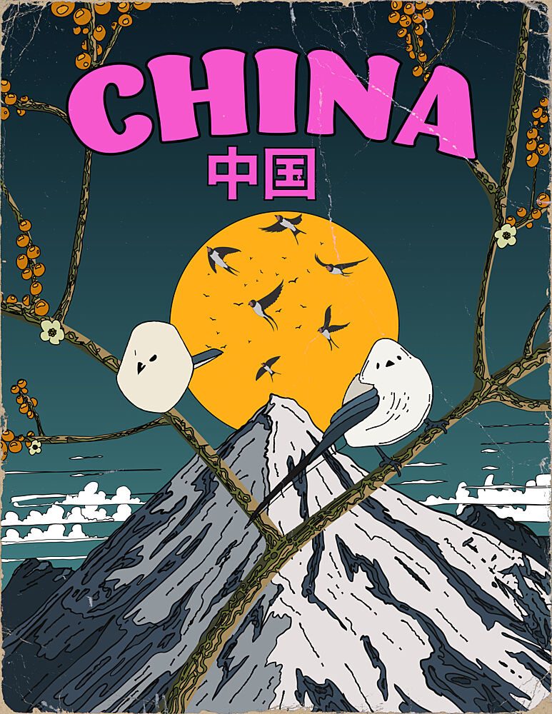Asian Birds Mountain Serenity art print by Nicholas for $57.95 CAD