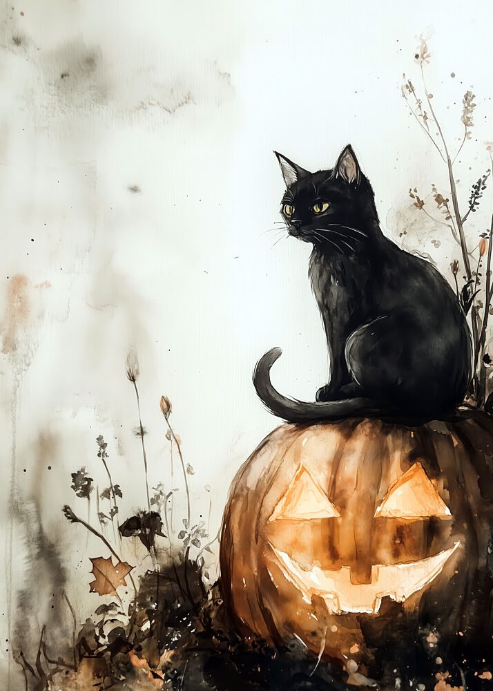 Balck Cat and Pumpkin Halloween Scene 2 art print by Justyna Jaszke for $57.95 CAD