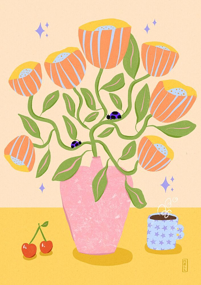 Whimsical Flowers and Cherries art print by Dirkie Nell for $57.95 CAD
