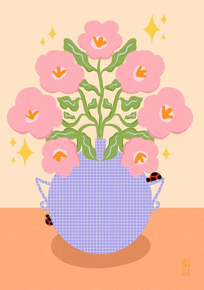Pink Blooms and Ladybugs art print by Dirkie Nell for $57.95 CAD