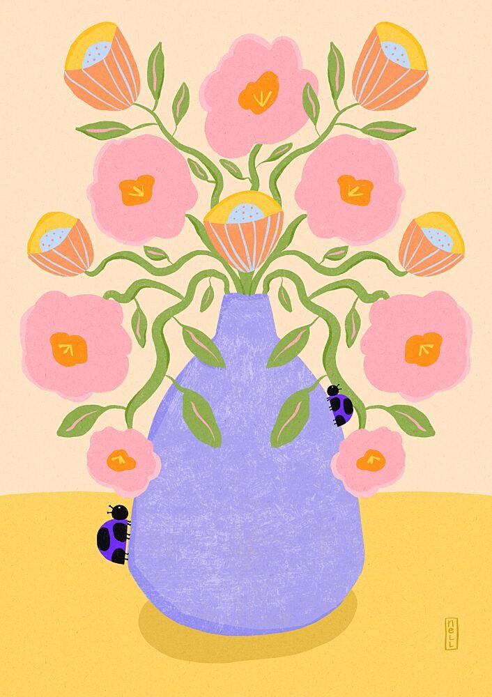 Pink Flowers Ladybugs art print by Dirkie Nell for $57.95 CAD