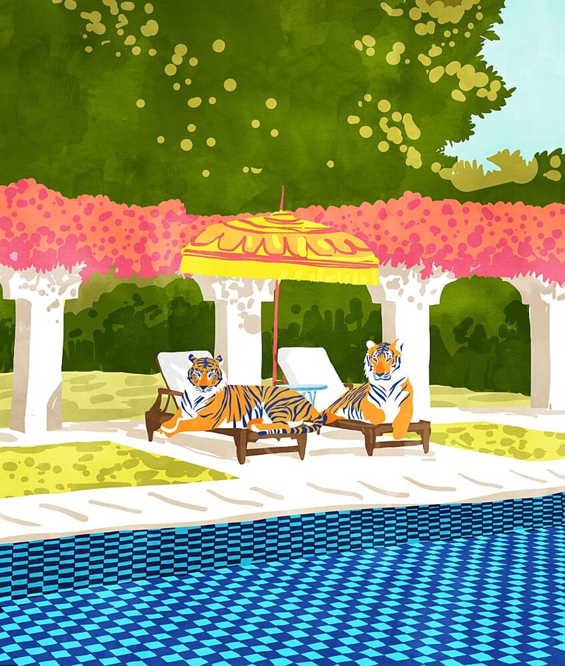 Luxurious Poolside Tigers art print by Uma Gokhale for $57.95 CAD