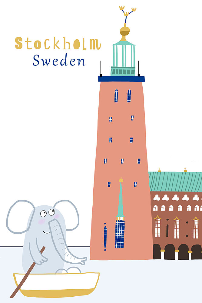 Whimsical Stockholm Elephant Adventure art print by Carla Daly for $57.95 CAD