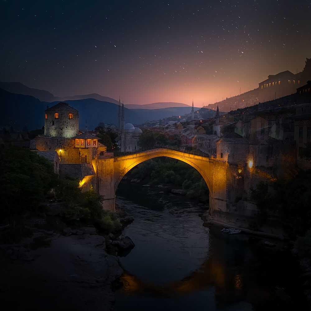Mostar Bridge Starry Night art print by Larry Deng Apa for $57.95 CAD