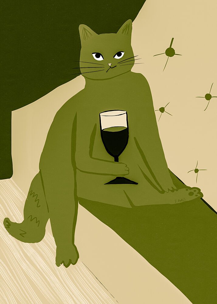 Green Cat with Wine art print by Sharyn Bursic for $57.95 CAD