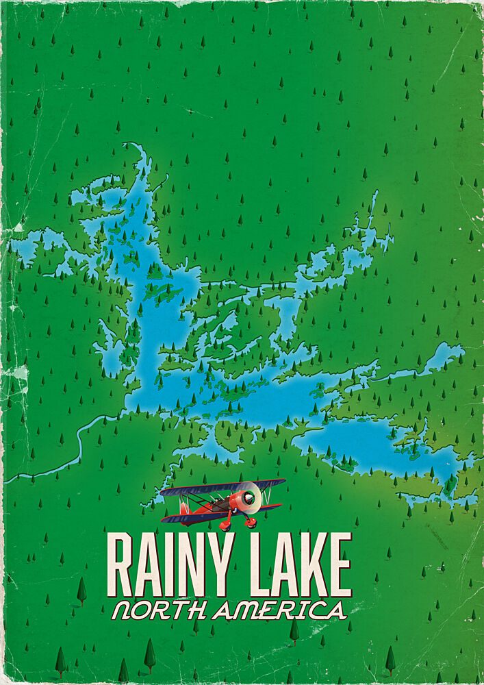 Rainy Lake Travel Map art print by Nicholas for $57.95 CAD