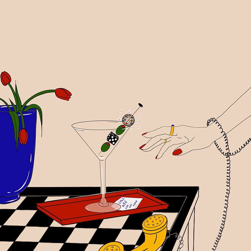 Retro Martini Call art print by Juliana Kokolari for $57.95 CAD