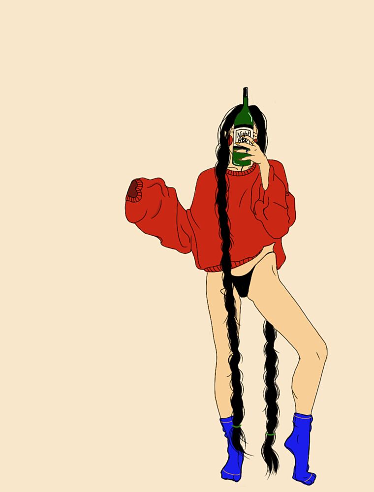 Red Sweater Bottle Girl art print by Juliana Kokolari for $57.95 CAD