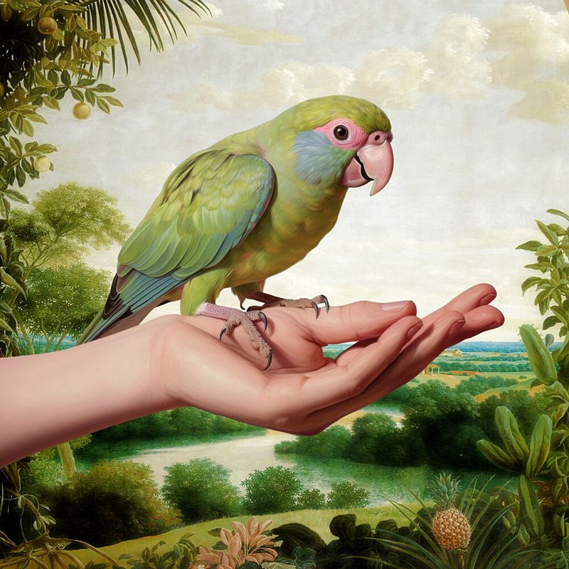 Green Parrot on Hand art print by Marja van den Hurk for $57.95 CAD