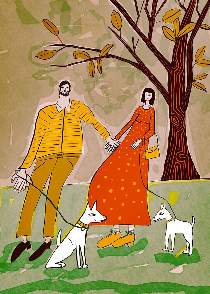 Couple and Dogs Walking art print by Sharyn Bursic for $57.95 CAD