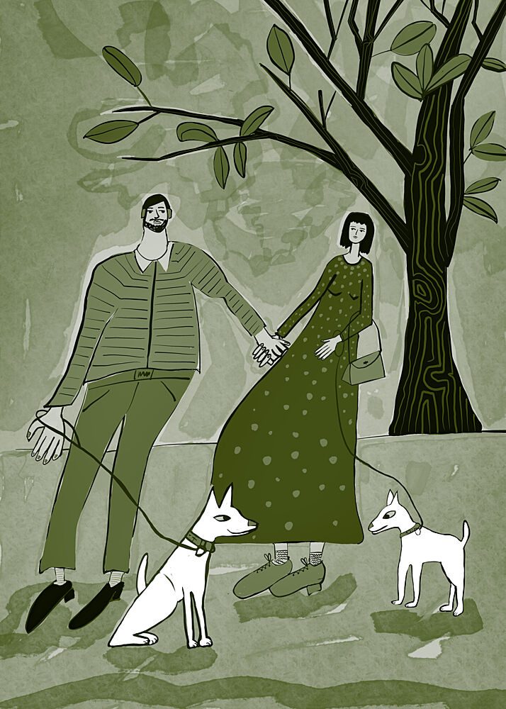 Couple Walking Dogs art print by Sharyn Bursic for $57.95 CAD