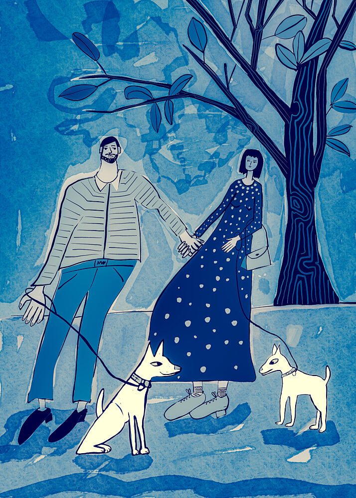 Couple Walking Dogs art print by Sharyn Bursic for $57.95 CAD