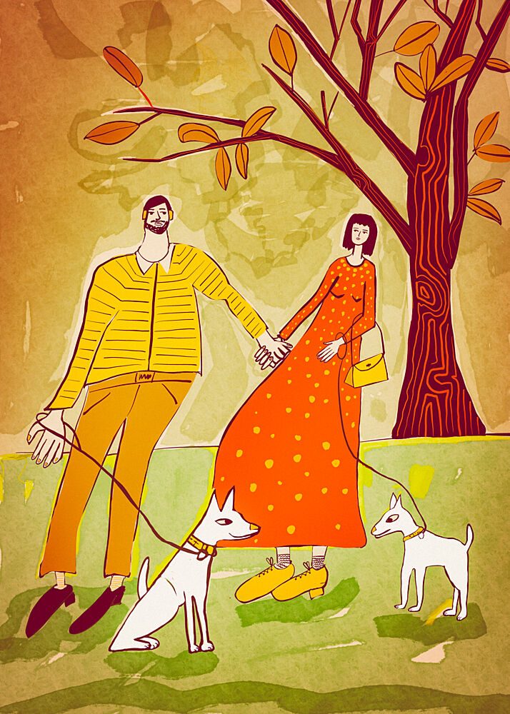Couple Walking Dogs art print by Sharyn Bursic for $57.95 CAD