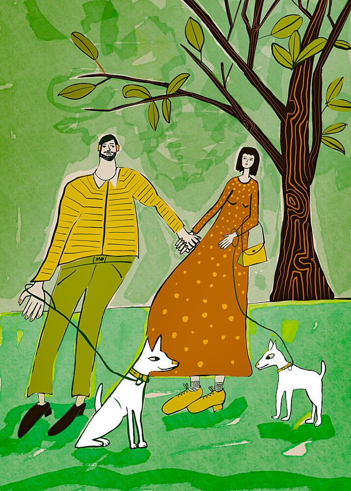 Couple Walking Dogs art print by Sharyn Bursic for $57.95 CAD