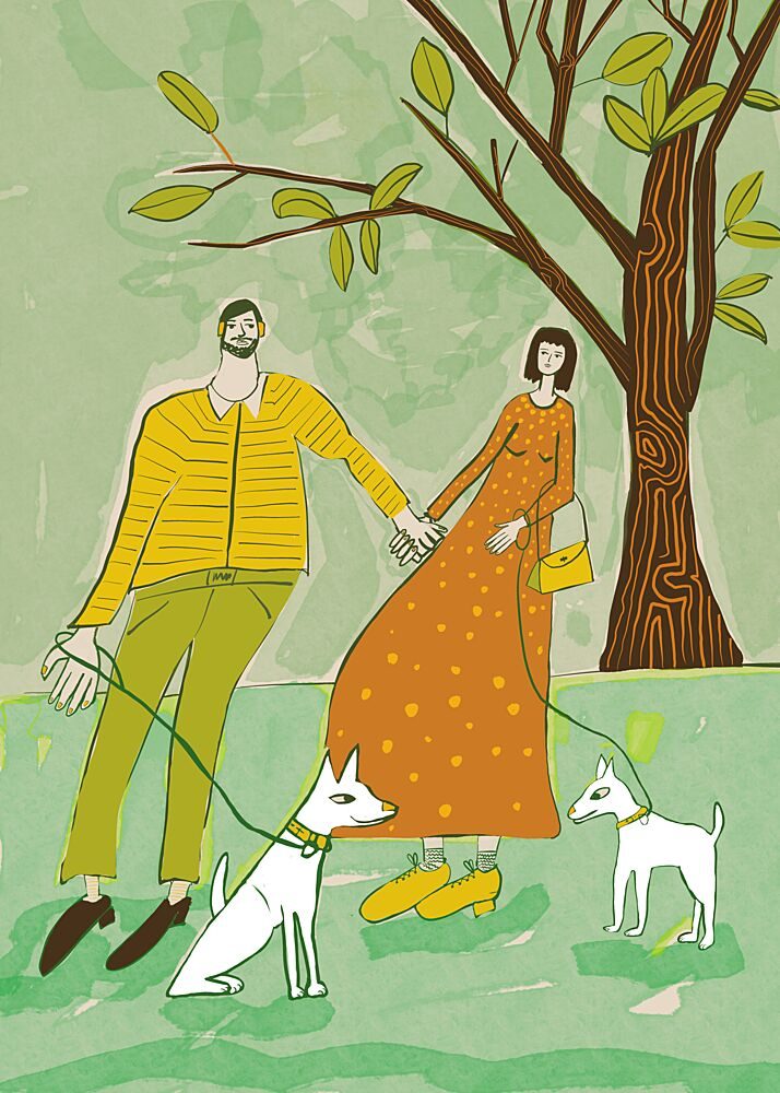 Couple Walking Their Dogs art print by Sharyn Bursic for $57.95 CAD