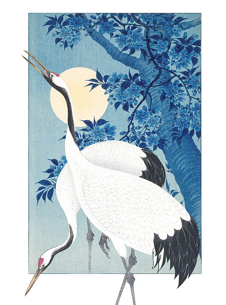 Japanese Cranes Moonlight Serenity art print by Marja van den Hurk for $57.95 CAD