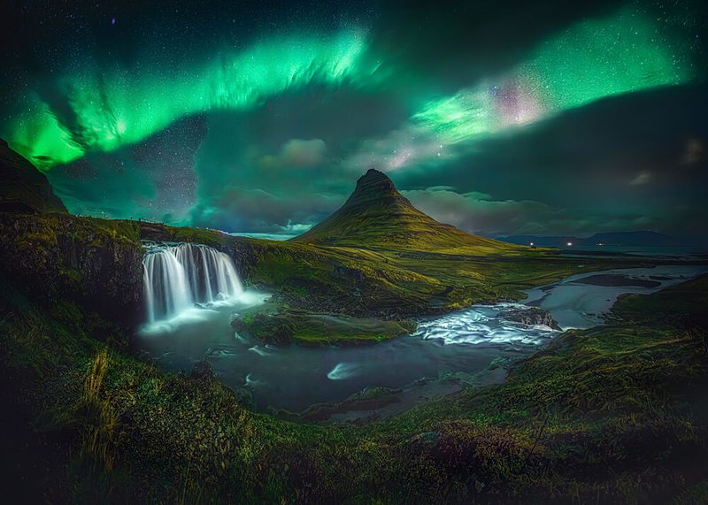 Aurora over Kirkjufell Falls art print by Yuan Cui for $57.95 CAD