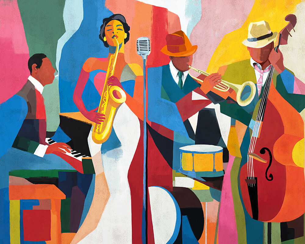Vibrant Jazz Ensemble art print by Dotz and Cats for $57.95 CAD