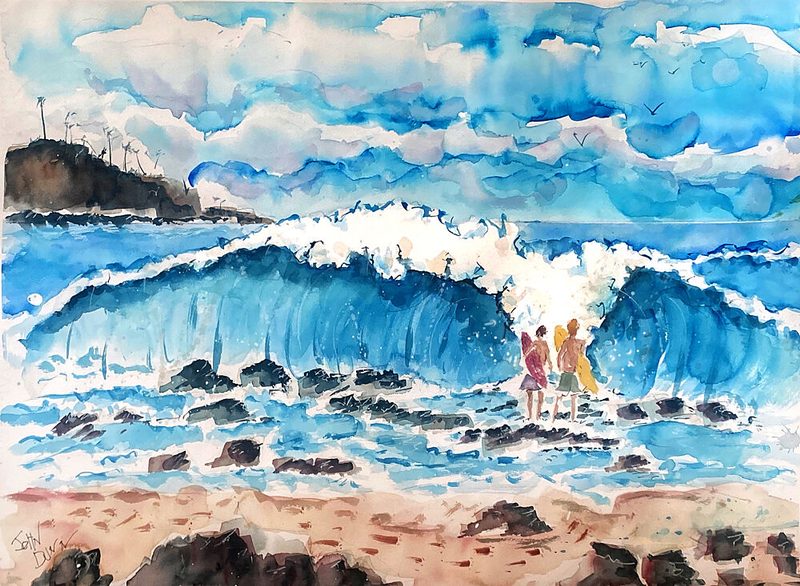 Big Wave Beach Surfers art print by John Dunn for $57.95 CAD