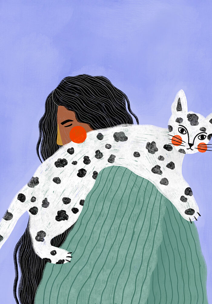 Woman and Spotted Cat art print by Bea Muller for $57.95 CAD