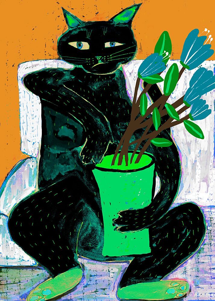 Whimsical Black Cat Plant art print by Sharyn Bursic for $57.95 CAD