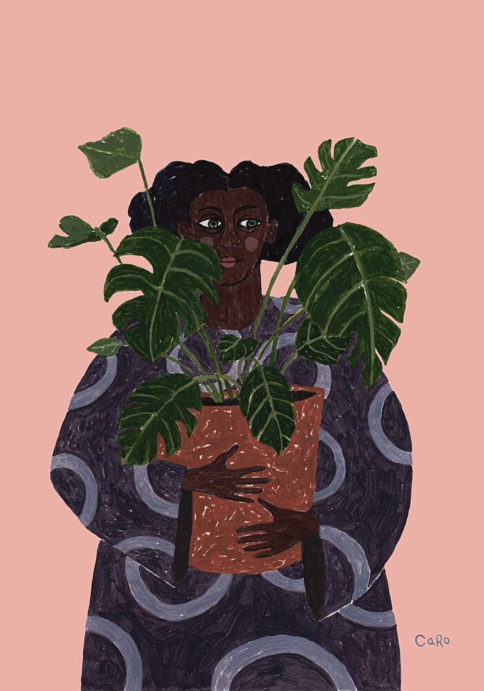 Woman Holding Monstera Plant art print by Caroline Roberts for $57.95 CAD