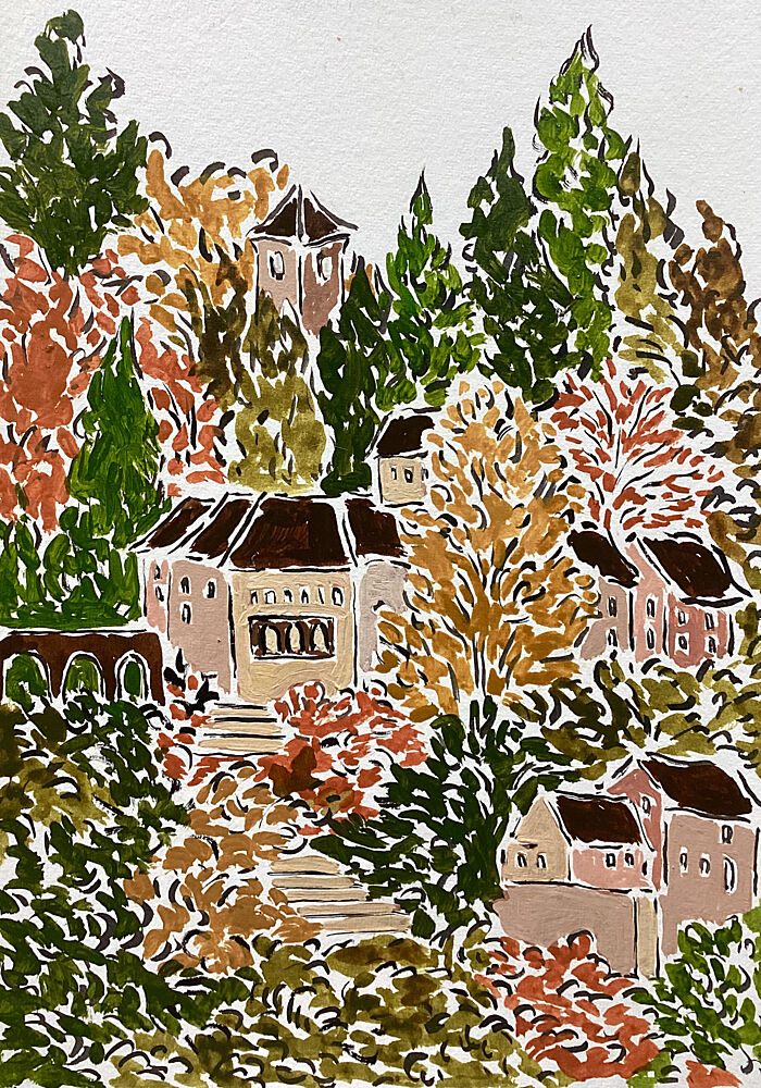 Autumn Hillside Village art print by Rushati Chowdhury for $57.95 CAD