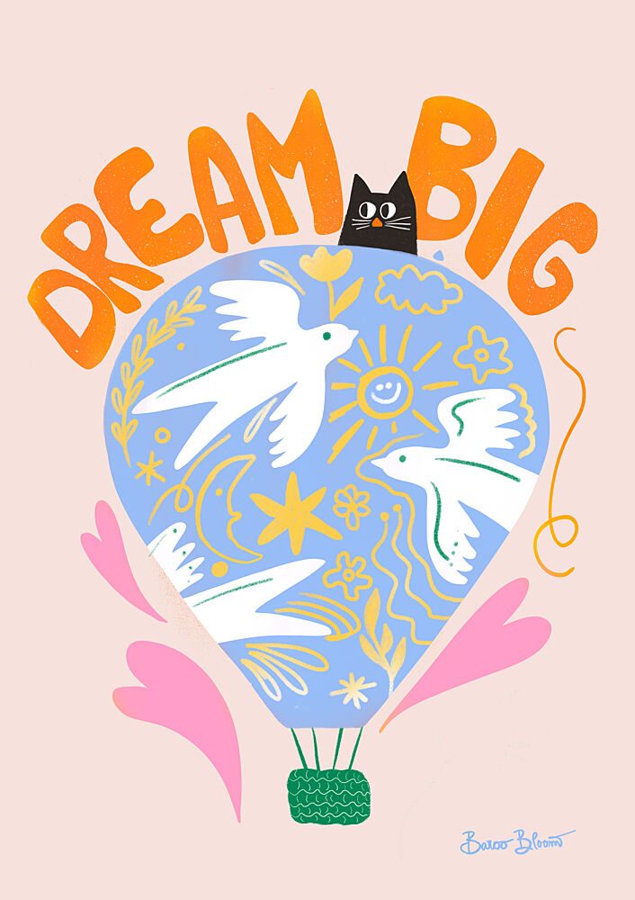 Dream Big Balloon Cat art print by Baroo Bloom for $57.95 CAD