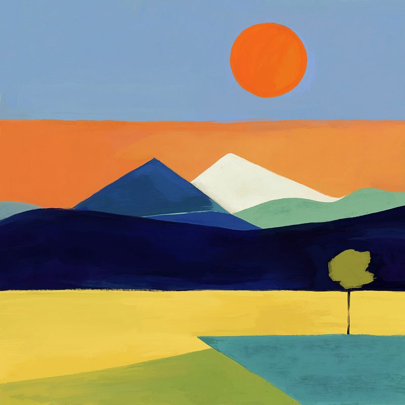 Orange Sun Mountain View art print by Dotz and Cats for $57.95 CAD