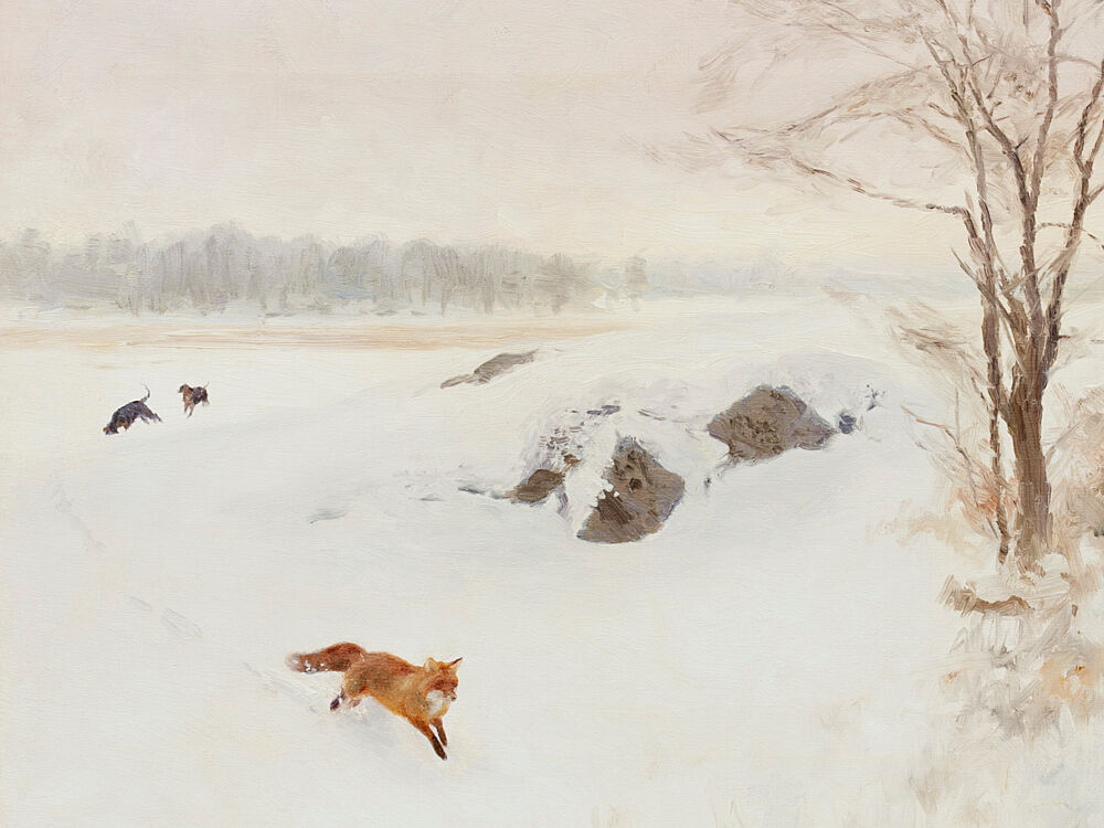 Red Fox Winter Pursuit art print by Jolly and Dash for $57.95 CAD