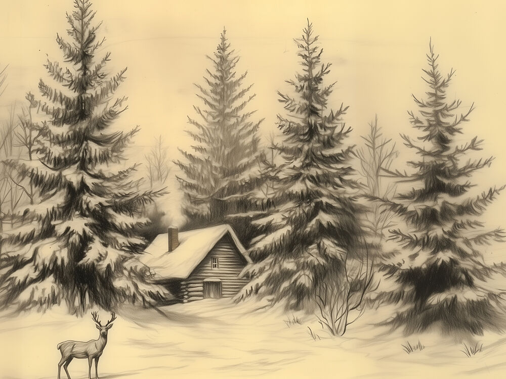 Peaceful Winter Cabin Deer art print by Jolly and Dash for $57.95 CAD
