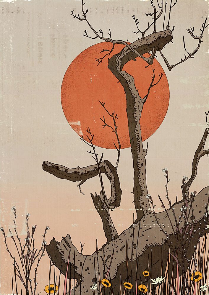 Barren Tree Orange Sun art print by Nicholas for $57.95 CAD