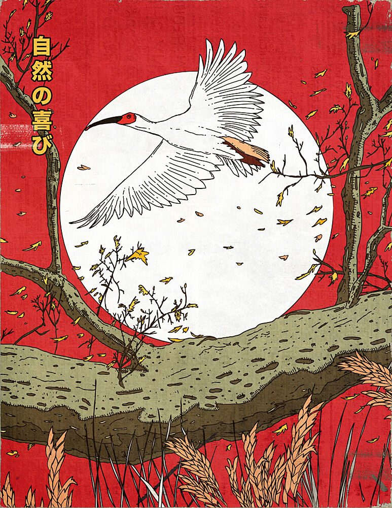 Flying Crane Red Sun art print by Nicholas for $57.95 CAD