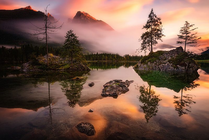 Misty Alpine Lake Sunrise art print by Dieter Weck for $57.95 CAD