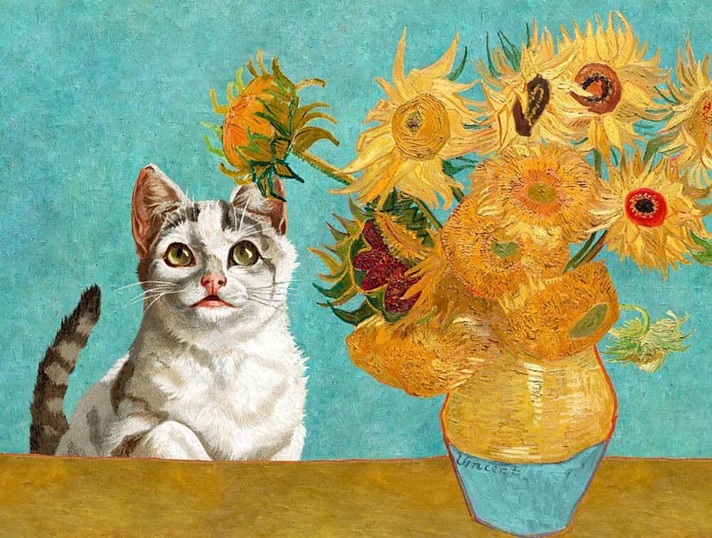 Curious Cat and Sunflowers art print by Marja van den Hurk for $57.95 CAD