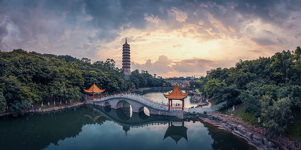Serene Pagoda Sunset art print by Qiye for $57.95 CAD