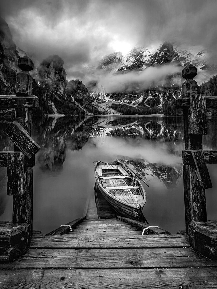 Misty Mountain Lake Boat art print by Adrian Lazare for $57.95 CAD