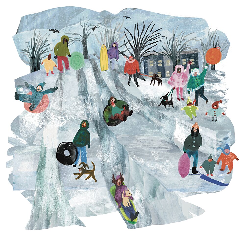 Happy Sledding Hill art print by Claire Hanley for $57.95 CAD